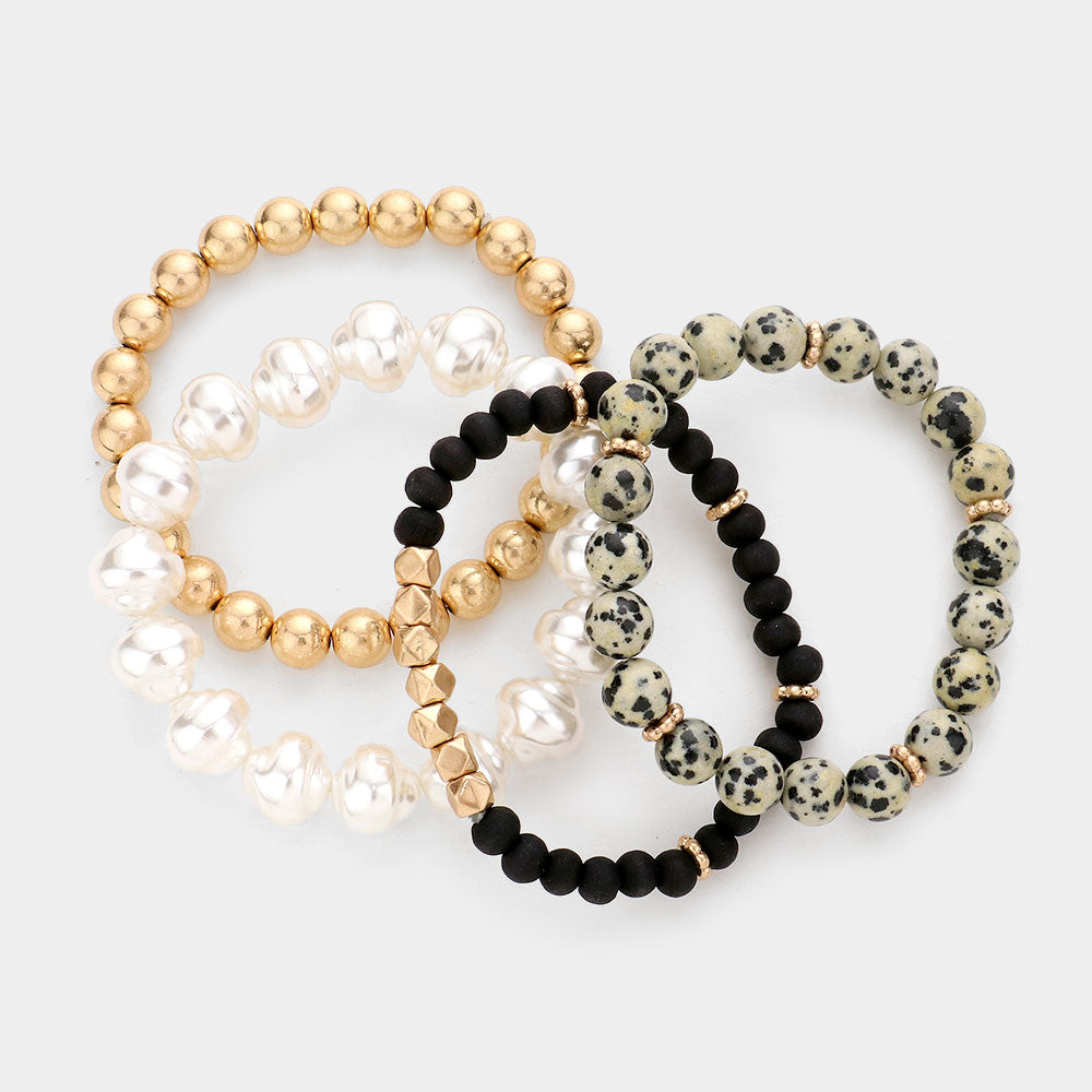 iLLASPARKZ 4PCS - Semi Precious Pearl Wood Beaded Stretch Bracelets