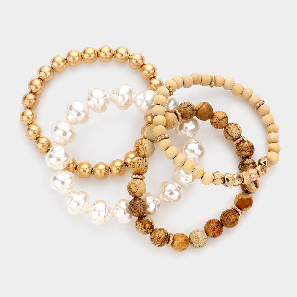 iLLASPARKZ 4PCS - Semi Precious Pearl Wood Beaded Stretch Bracelets