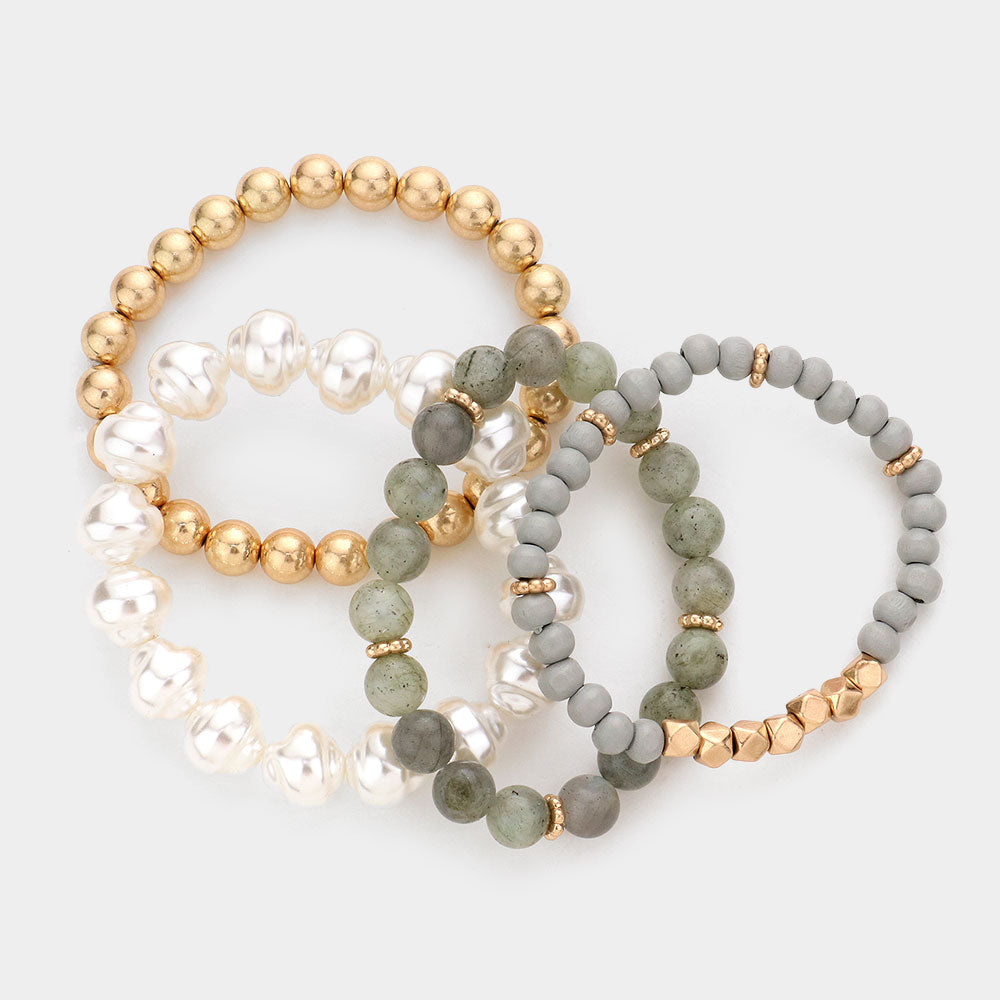 iLLASPARKZ 4PCS - Semi Precious Pearl Wood Beaded Stretch Bracelets