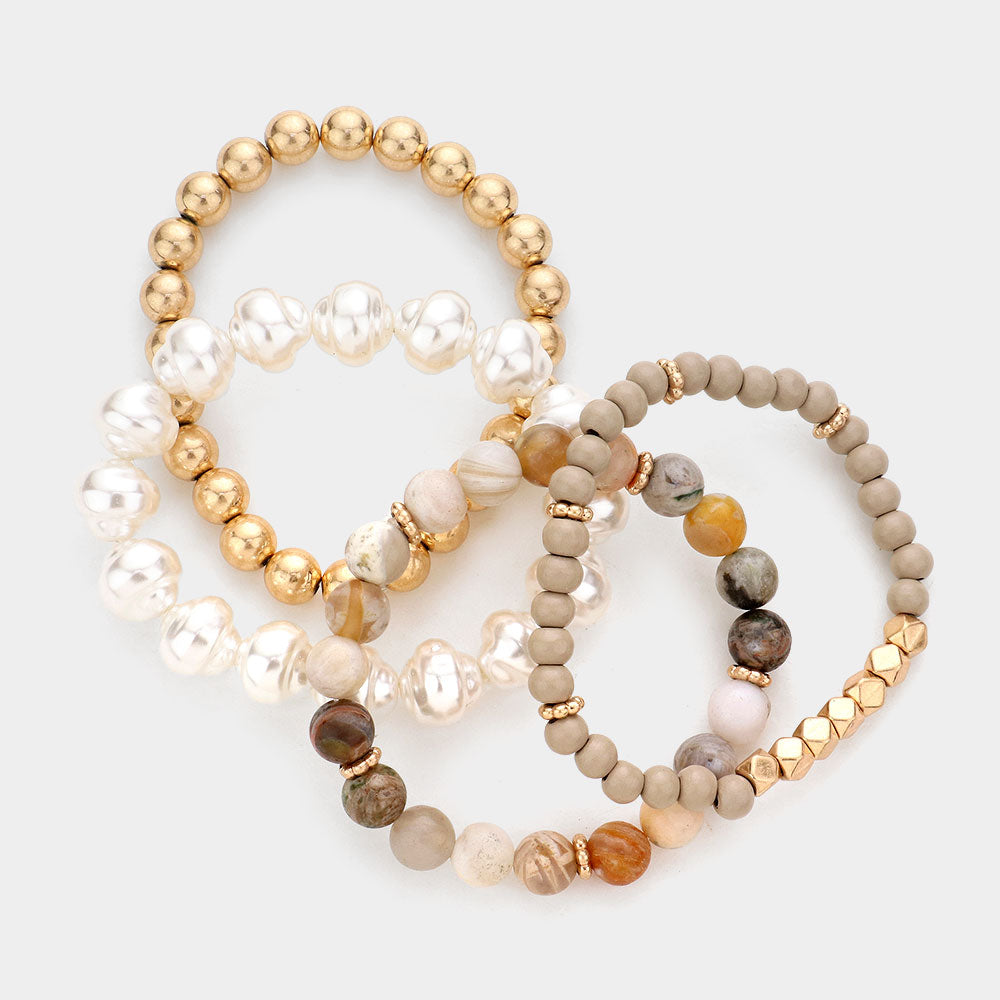 iLLASPARKZ 4PCS - Semi Precious Pearl Wood Beaded Stretch Bracelets