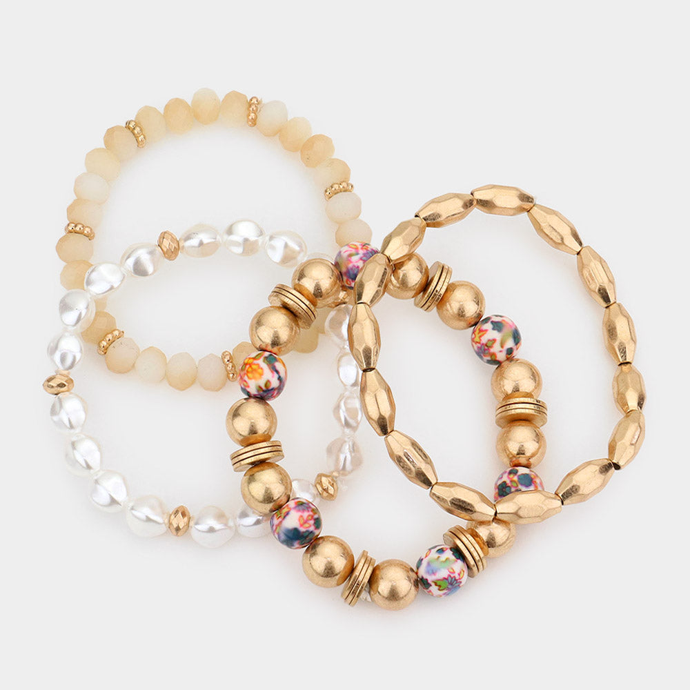 iLLASPARKZ 4PCS - Printed Ball Pearl Faceted Beaded Stretch Bracelets