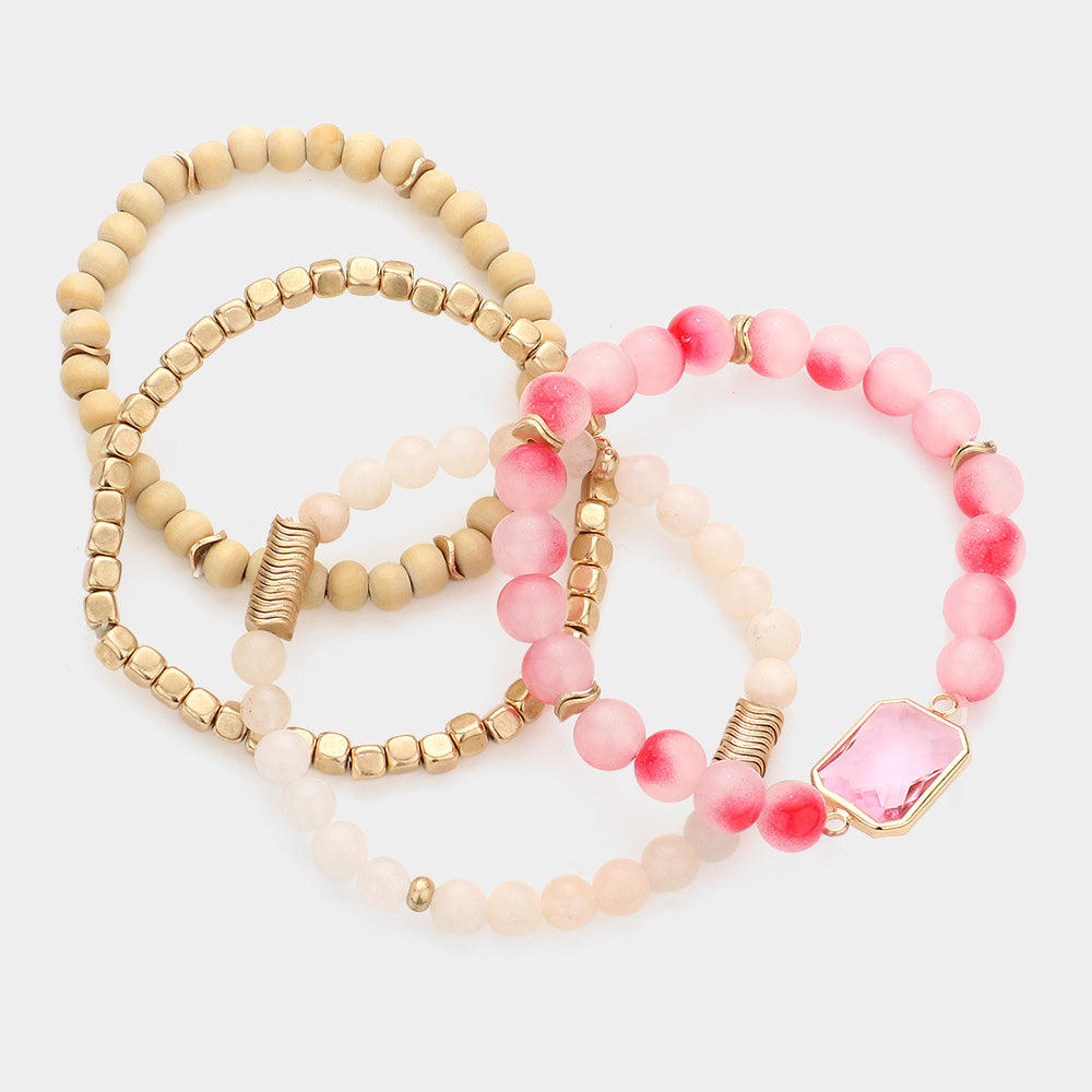 iLLASPARKZ 4PCS - Semi Precious Stone Wood Ball Stretch Bracelets