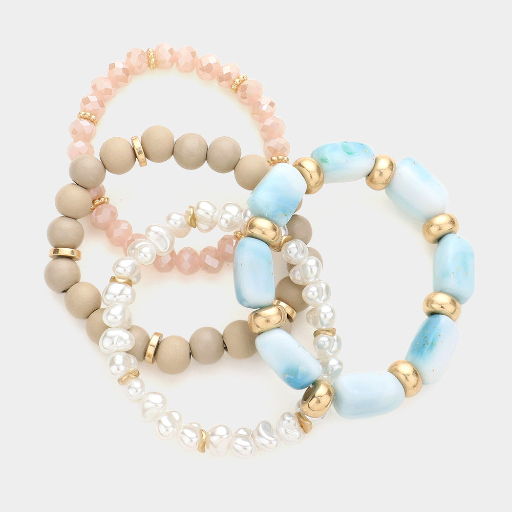 iLLASPARKZ 4PCS - Pearl Wood Ball Marbled Beaded Stretch Bracelets