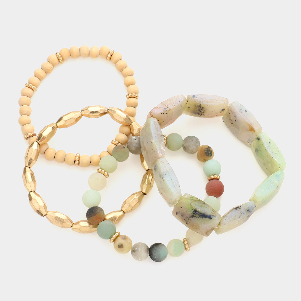 iLLASPARKZ 4PCS - Semi Precious Wood Ball Stretch Bracelets