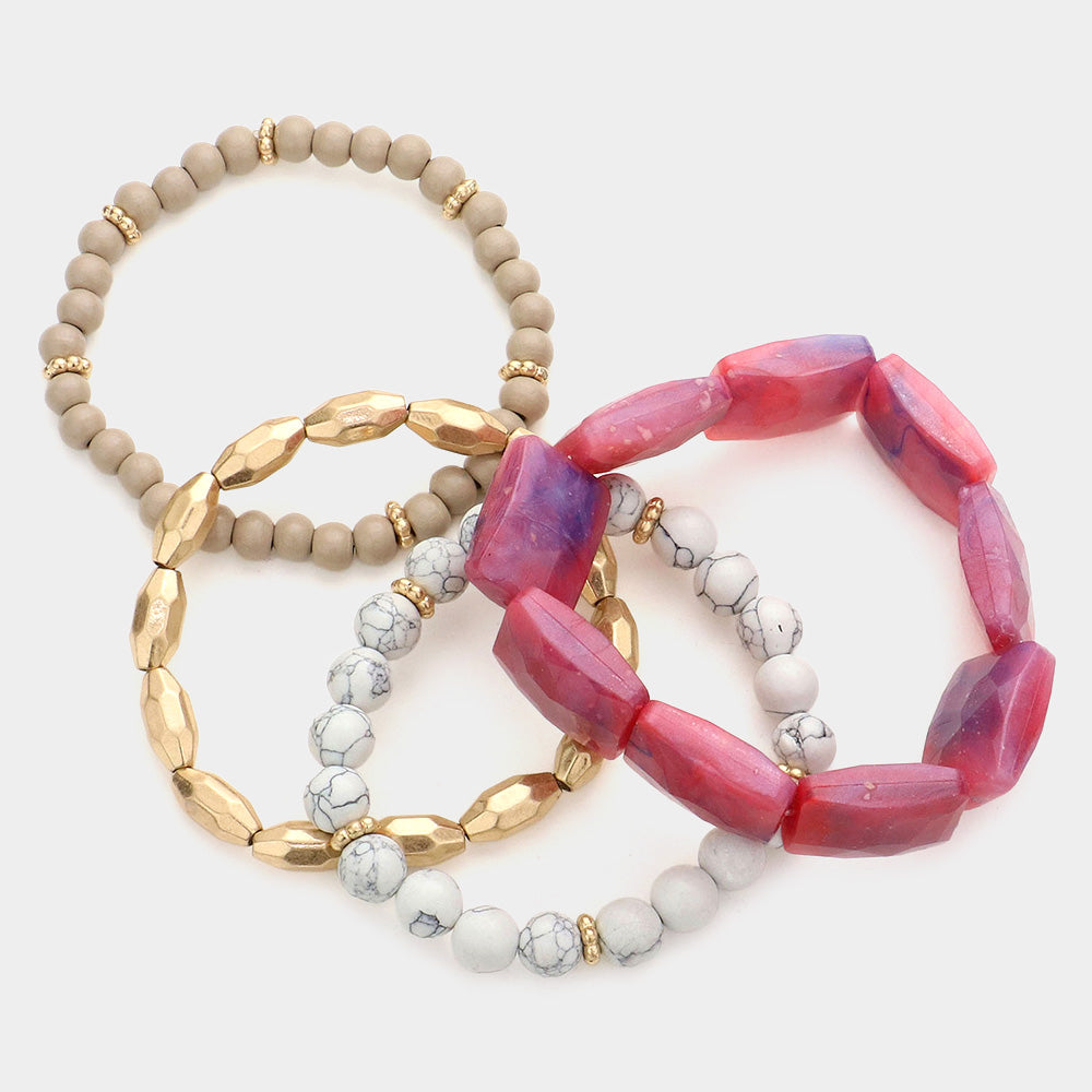 iLLASPARKZ 4PCS - Semi Precious Wood Ball Stretch Bracelets