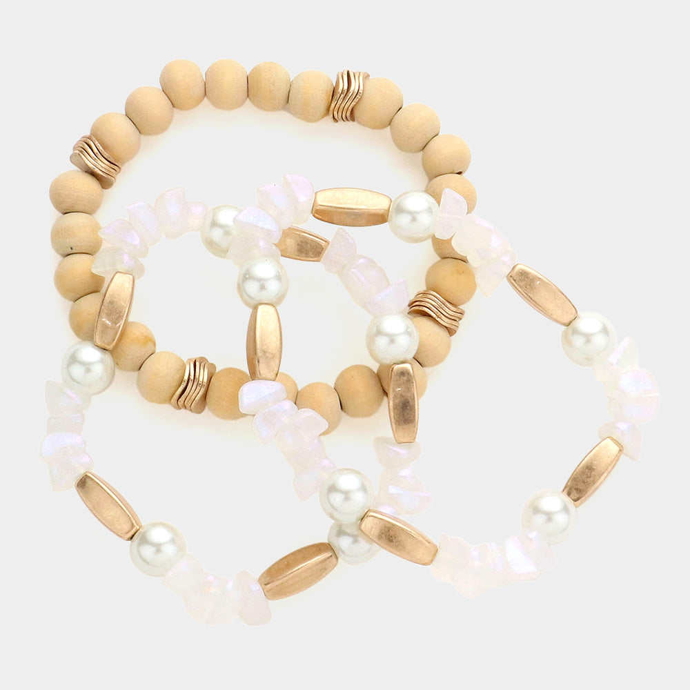 iLLASPARKZ 3PCS - Semi Precious Stone Pearl Wood Ball Stretch Bracelets