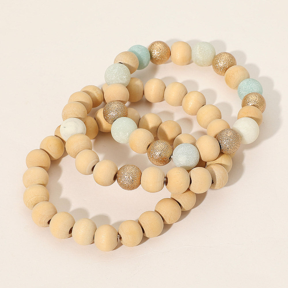 iLLASPARKZ 3PCS - Metal Natural Stone Wood Beaded Stretch Multi Layered Bracelets