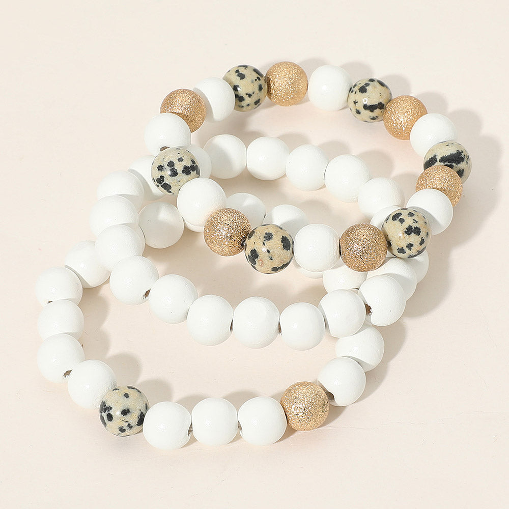 iLLASPARKZ 3PCS - Metal Natural Stone Wood Beaded Stretch Multi Layered Bracelets
