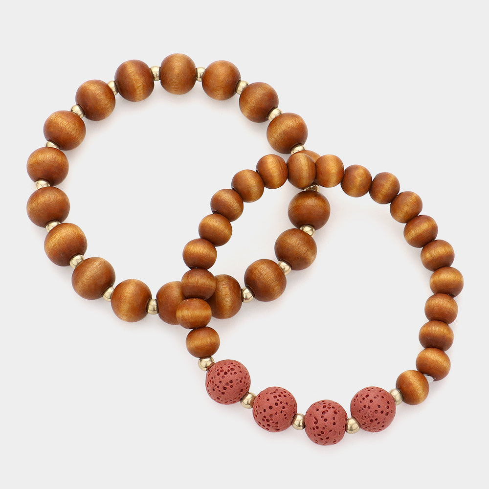 iLLASPARKZ 2PCS - Wood Ball Lava Rock Stretch Bracelets