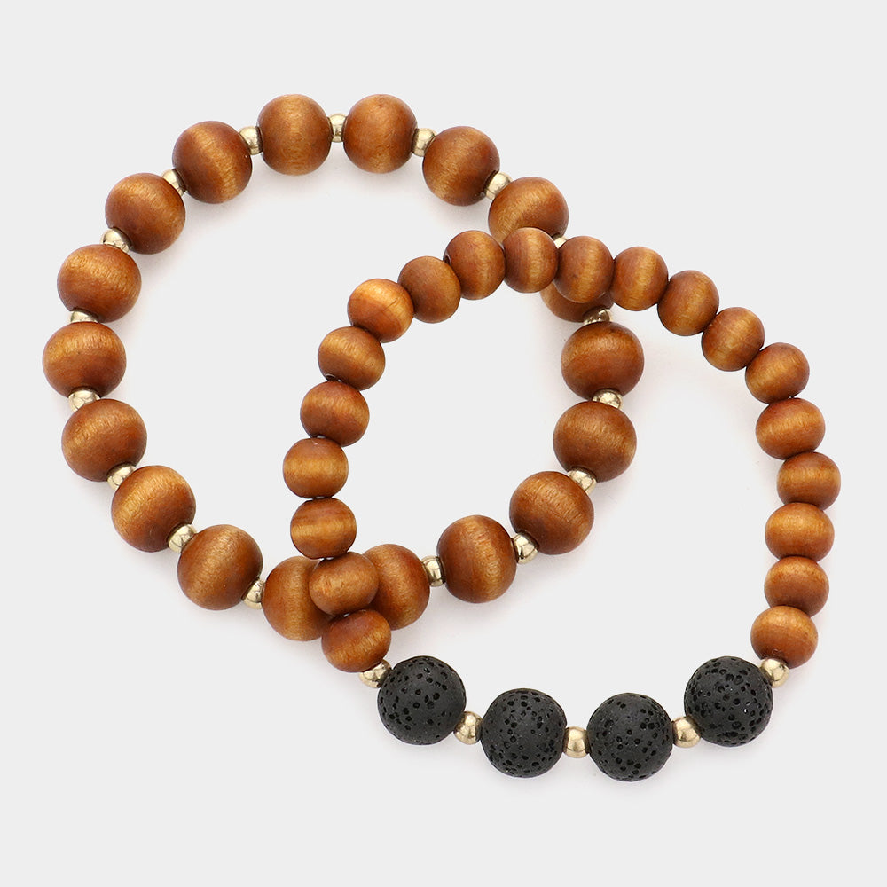 iLLASPARKZ 2PCS - Wood Ball Lava Rock Stretch Bracelets
