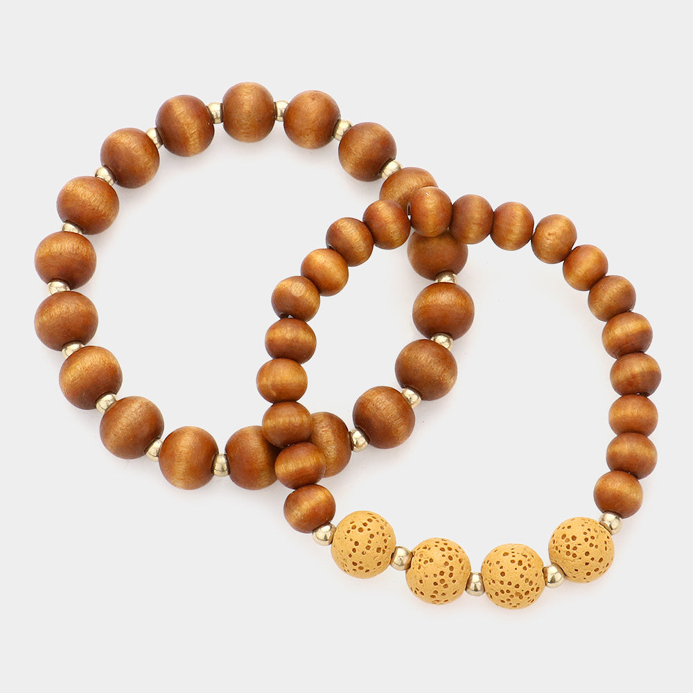 iLLASPARKZ 2PCS - Wood Ball Lava Rock Stretch Bracelets