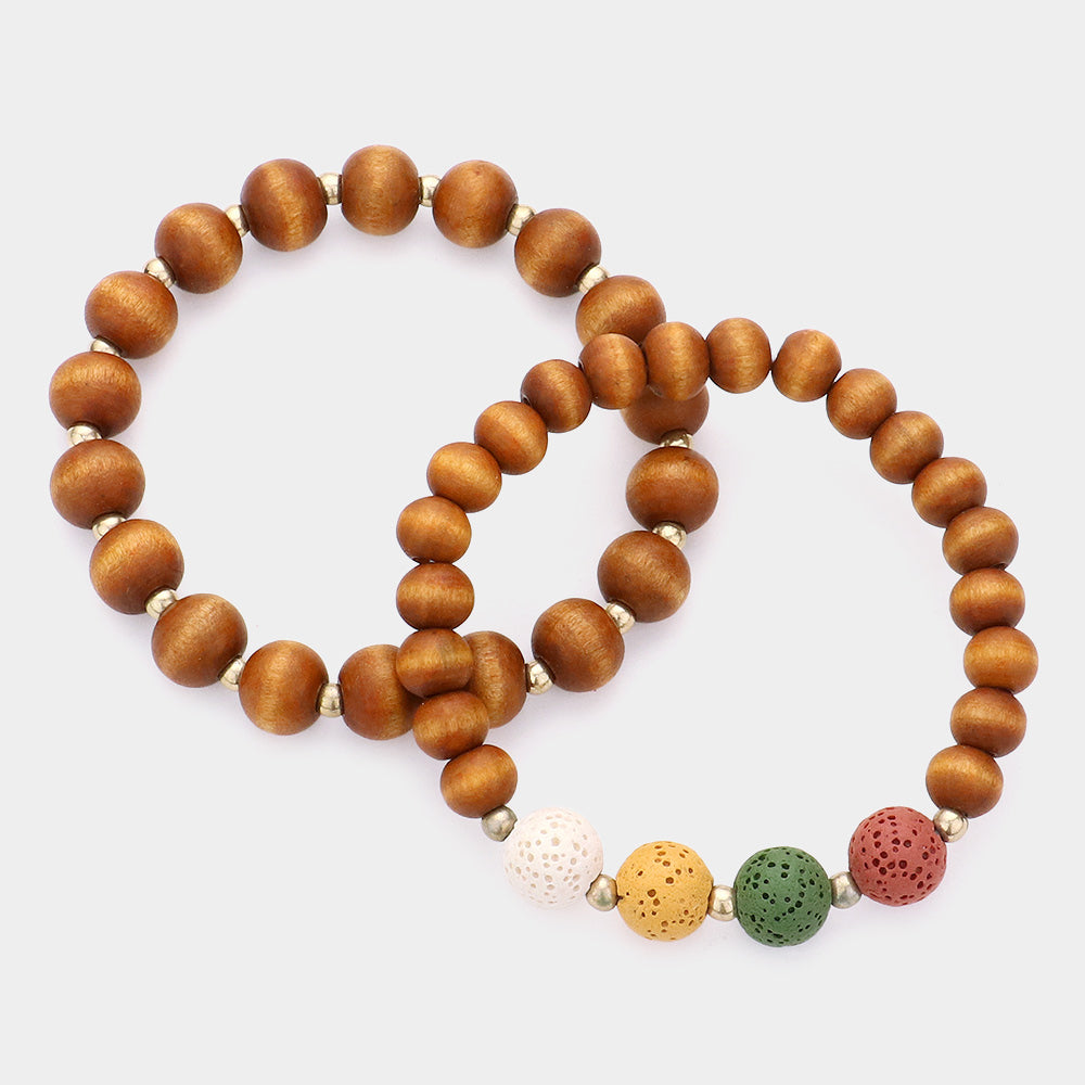iLLASPARKZ 2PCS - Wood Ball Lava Rock Stretch Bracelets