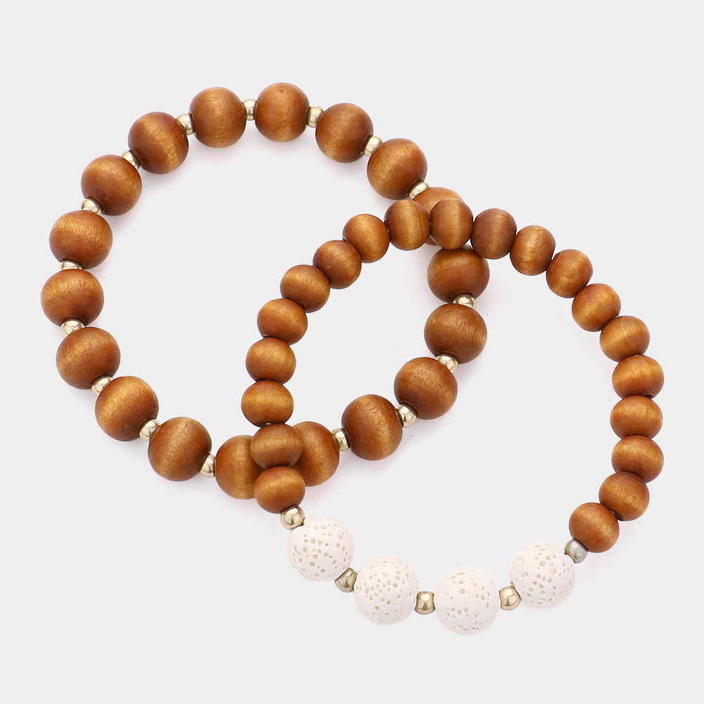 iLLASPARKZ 2PCS - Wood Ball Lava Rock Stretch Bracelets
