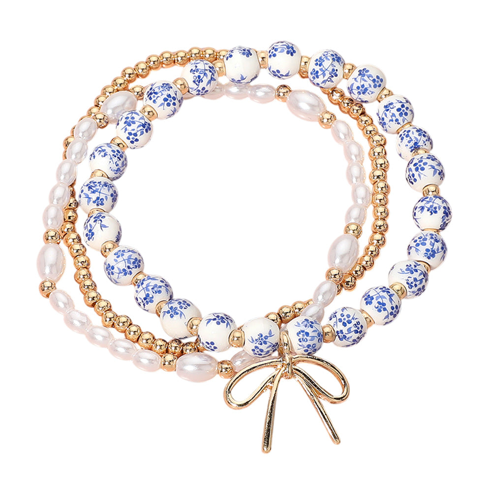 iLLASPARKZ 3PCS - Metal Bow Charm Pointed Ceramic Ball Pearl Beaded Stretch Multi Layered Bracelets