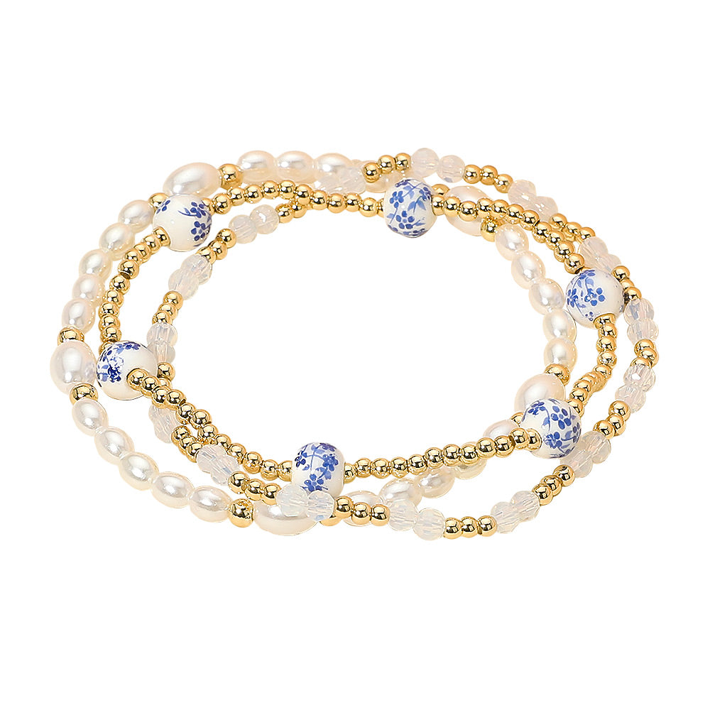 iLLASPARKZ 3PCS - Floral Ceramic Ball Pearl Beaded Stretch Multi Layered Bracelets