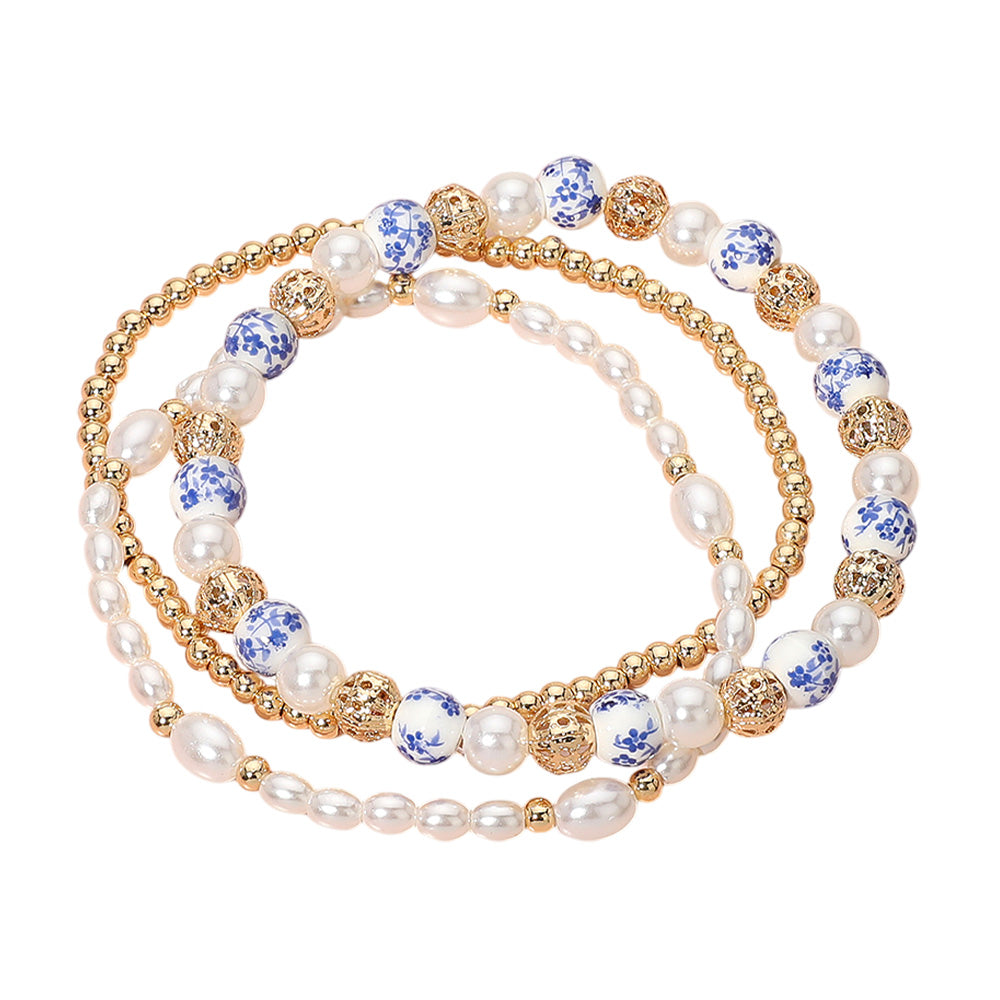 iLLASPARKZ 3PCS - Pearl Ceramic Metal Ball Beaded Stretch Multi Layered Bracelets