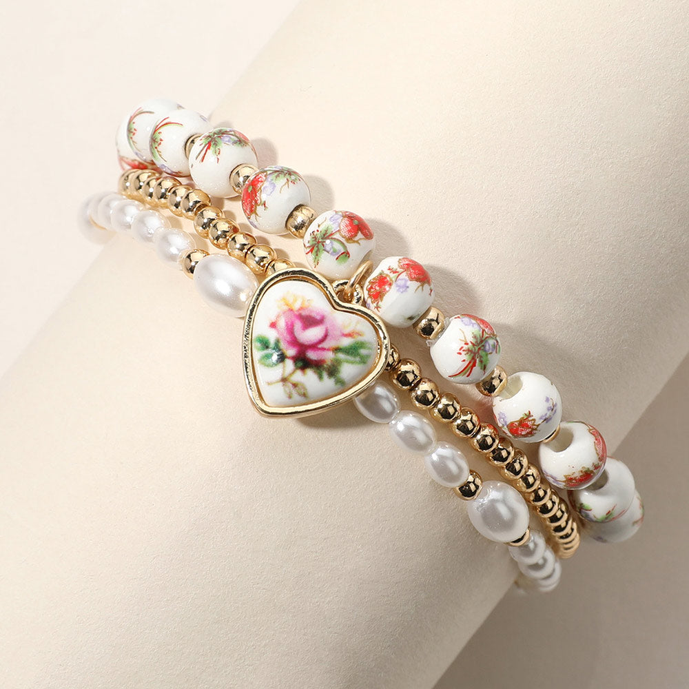iLLASPARKZ 3PCS - Ceramic Floral Heart Charm Pearl Ceramic Metal Ball Beaded Stretch Multi Layered Bracelets