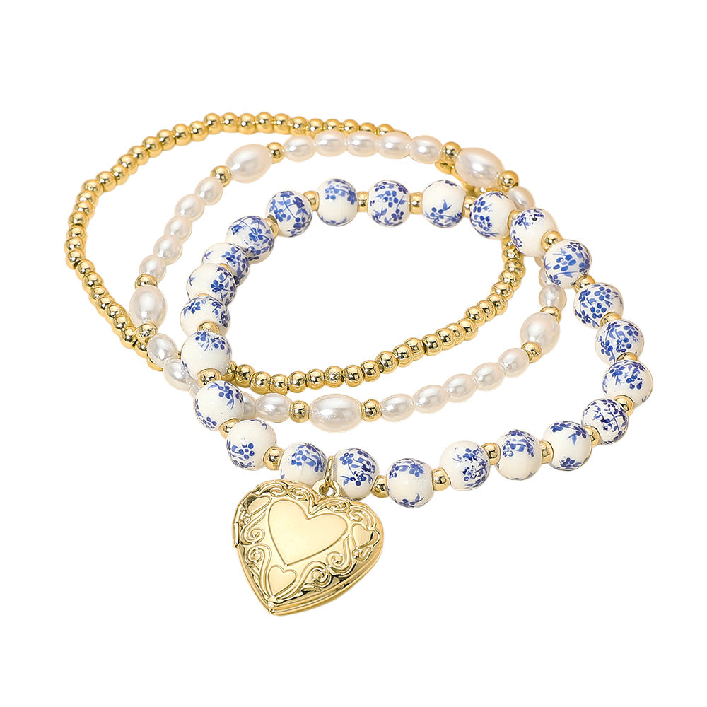 iLLASPARKZ 3PCS - Metal Heart Locket Charm Pearl Ceramic Metal Ball Beaded Stretch Multi Layered Bracelets