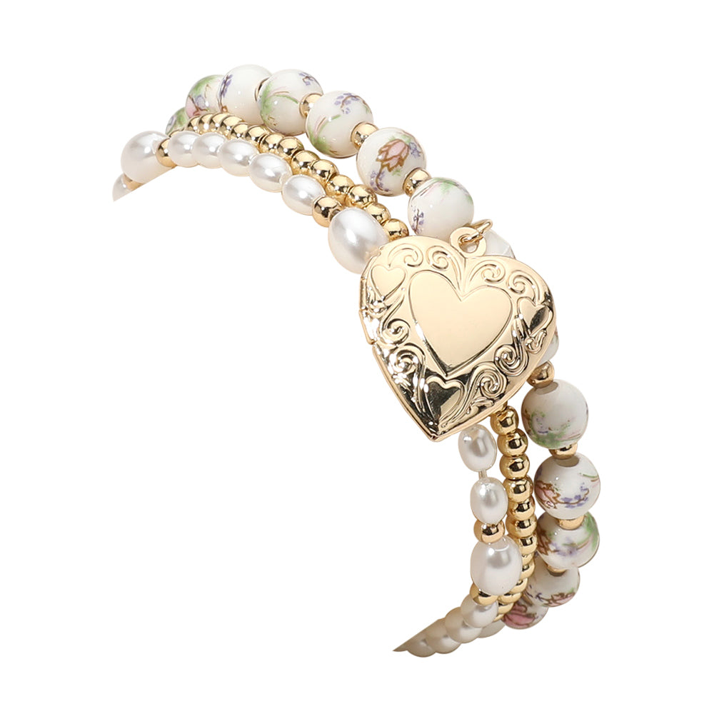 iLLASPARKZ 3PCS - Metal Heart Locket Charm Pearl Ceramic Metal Ball Beaded Stretch Multi Layered Bracelets