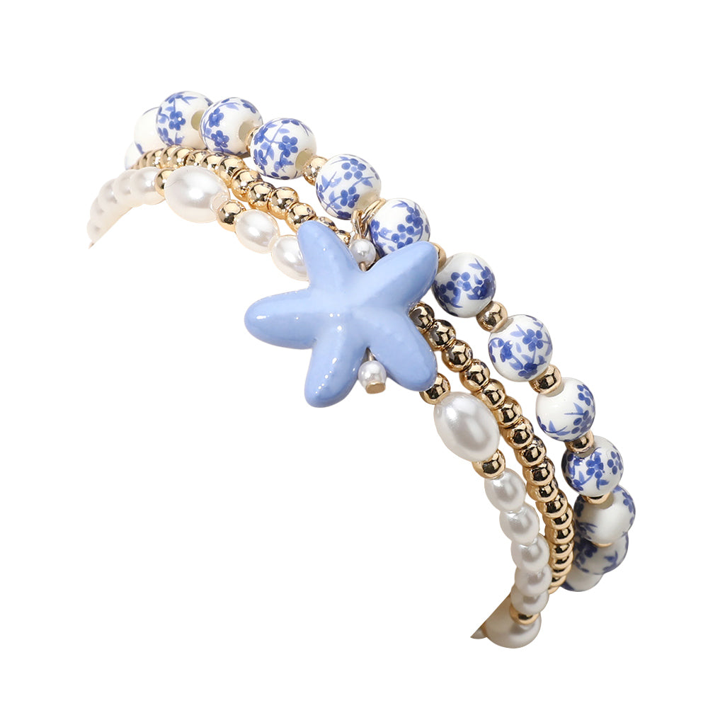 iLLASPARKZ 3PCS - Ceramic Starfish Charm Pearl Ceramic Metal Ball Beaded Stretch Multi Layered Bracelets