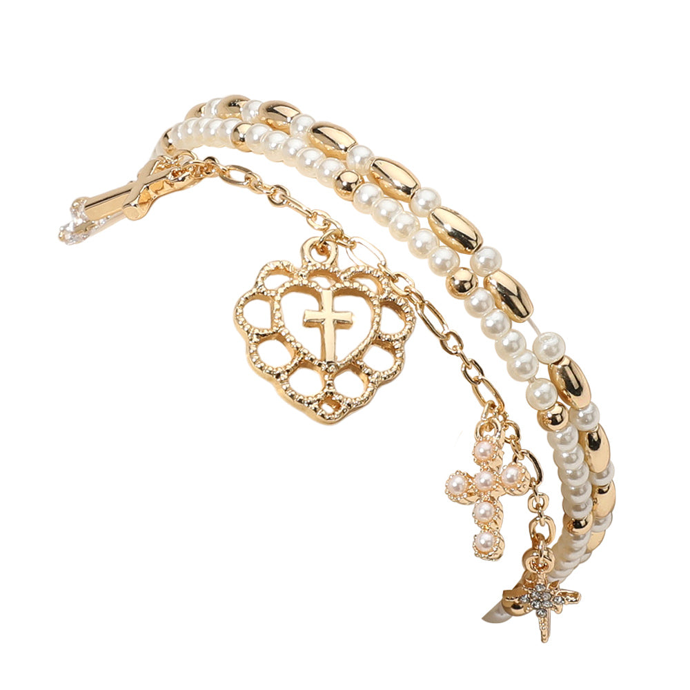iLLASPARKZ 3PCS - Cross Charm Pearl Beaded Stretch Multi Layered Bracelets