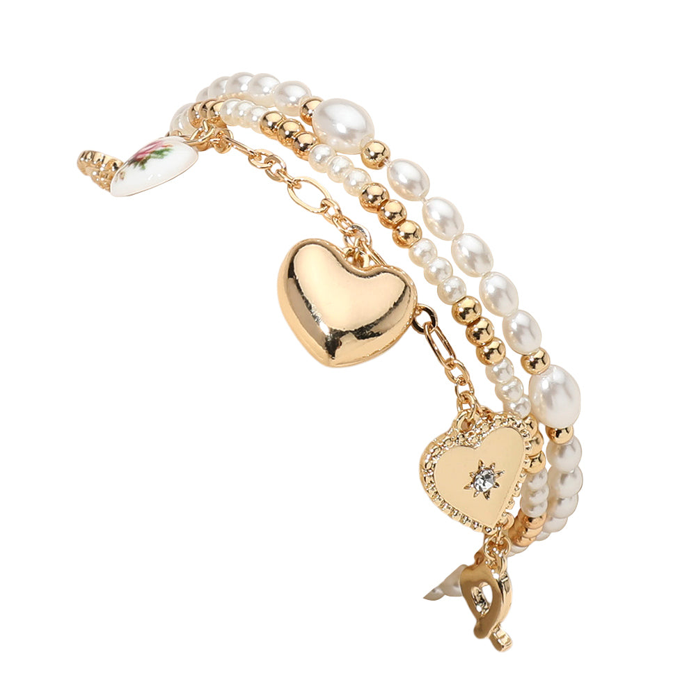 iLLASPARKZ 3PCS - Heart Charm Pearl Metal Ball Beaded Stretch Multi Layered Bracelets
