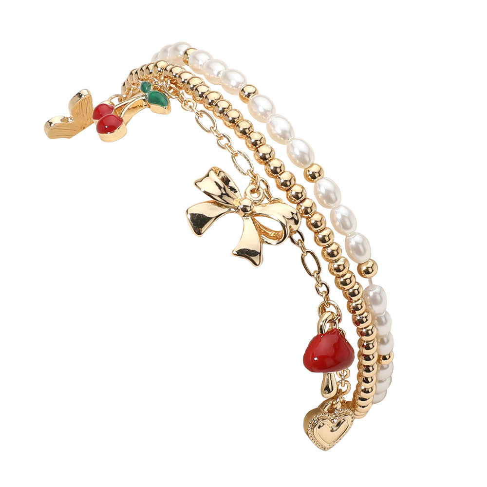iLLASPARKZ 3PCS - Bow Cherry Mushroom Heart Charm Pearl Metal Ball Beaded Stretch Multi Layered Bracelets