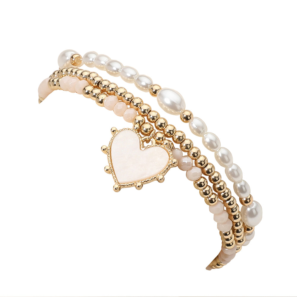 iLLASPARKZ 3PCS - Mother Of Pearl Heart Charm Pearl Beaded Stretch Multi Layered Bracelets
