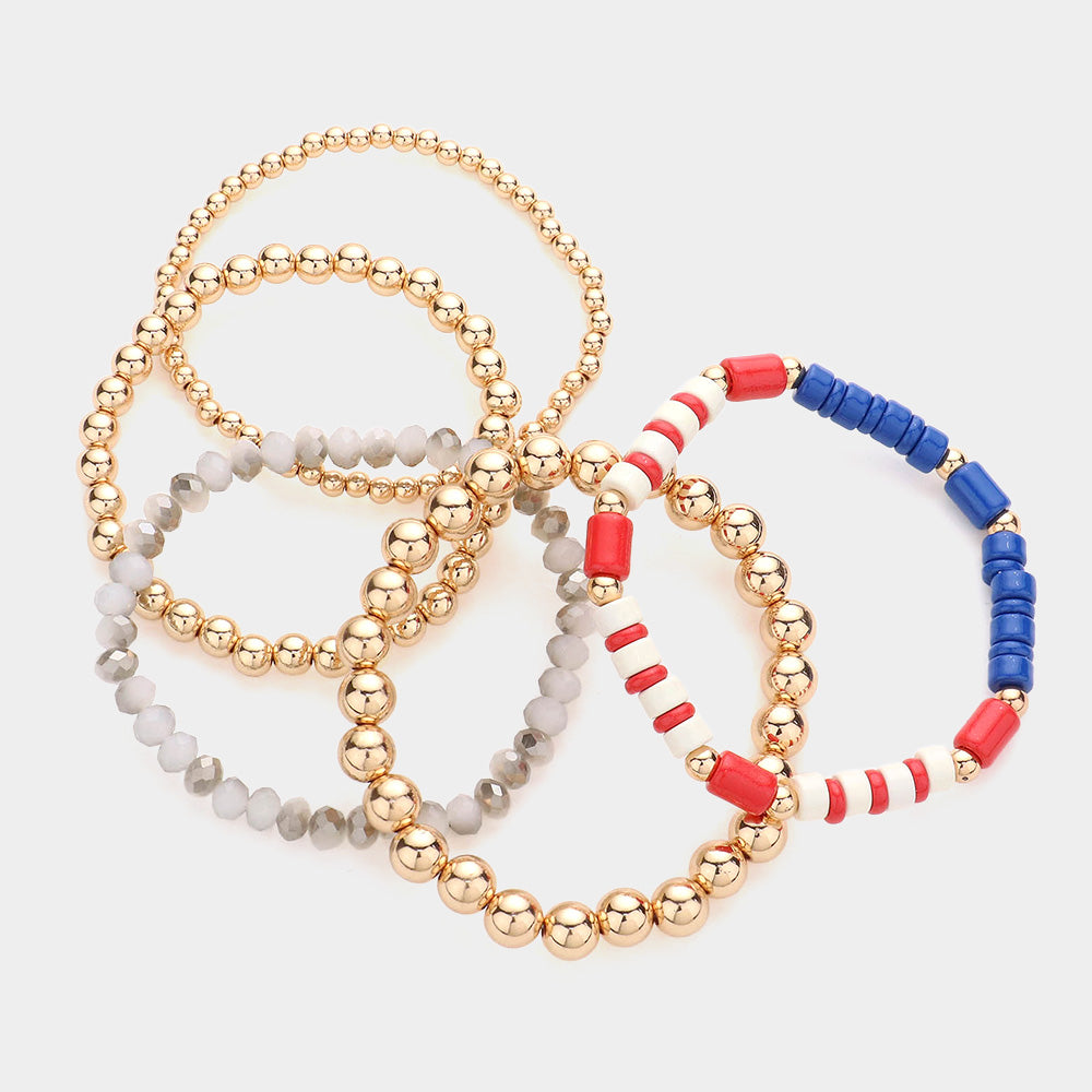 iLLASPARKZ 5PCS - Metal Ball American USA Flag Beaded Stretch Bracelets