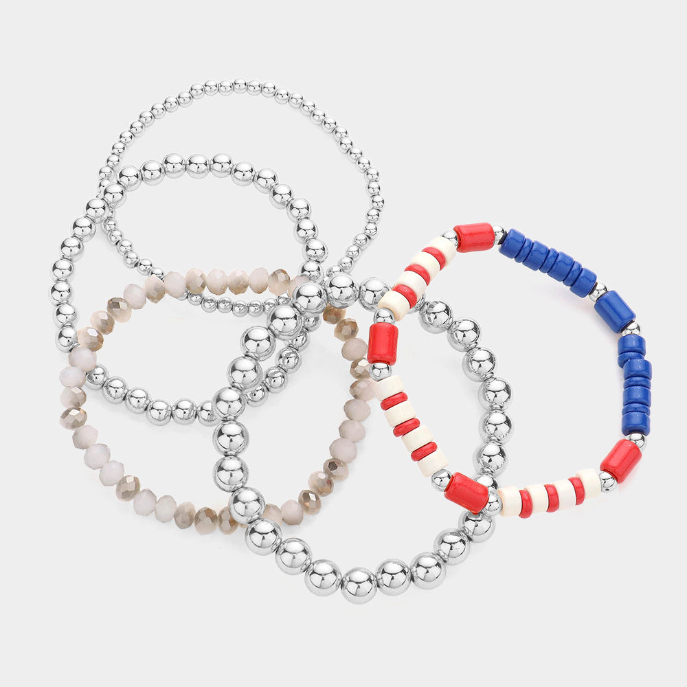 iLLASPARKZ 5PCS - Metal Ball American USA Flag Beaded Stretch Bracelets