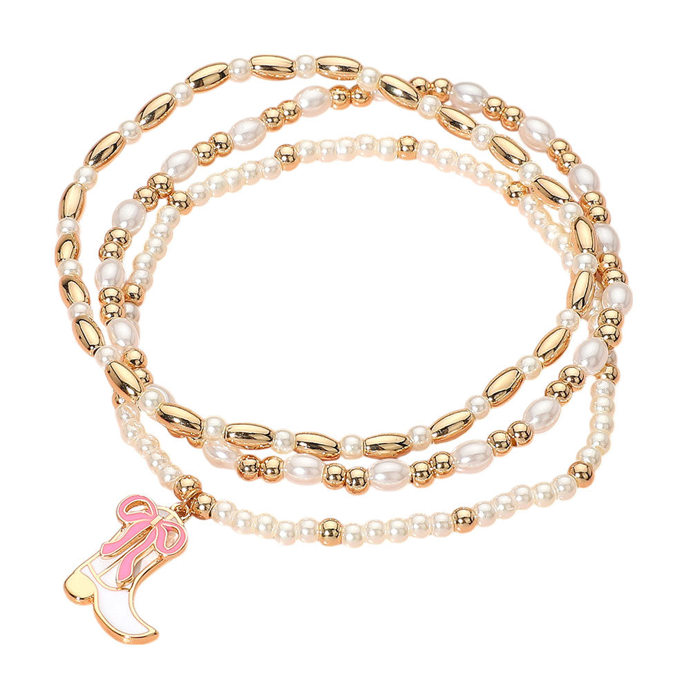 iLLASPARKZ 3PCS - Enamel Bow Cowboy Boot Pearl Beaded Multi Layered Bracelet