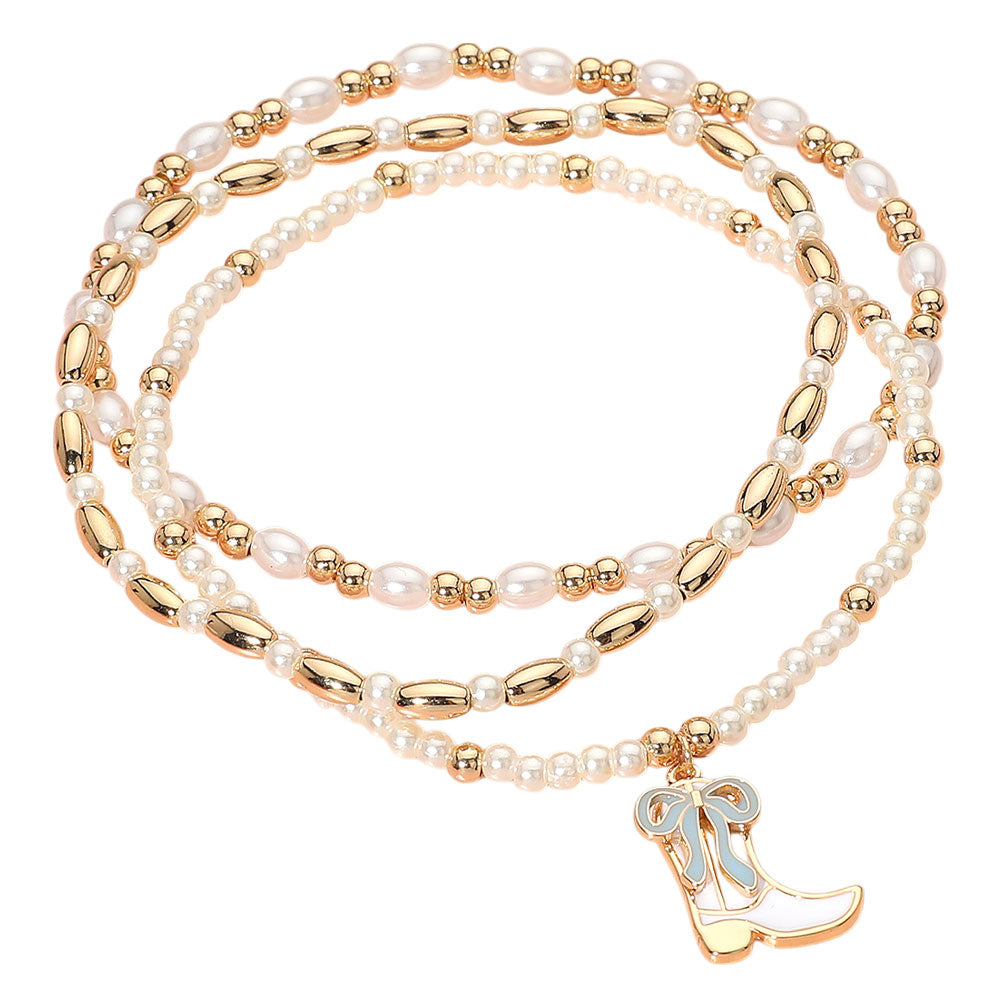 iLLASPARKZ 3PCS - Enamel Bow Cowboy Boot Pearl Beaded Multi Layered Bracelet
