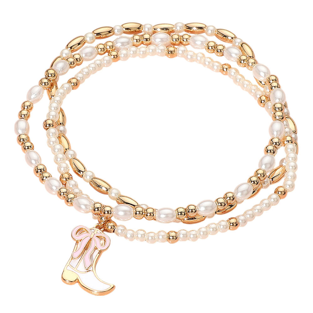 iLLASPARKZ 3PCS - Enamel Bow Cowboy Boot Pearl Beaded Multi Layered Bracelet