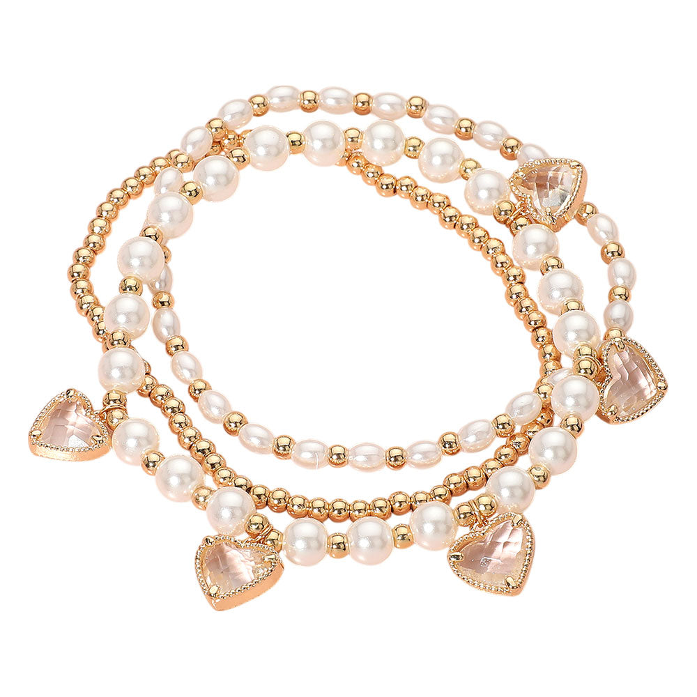iLLASPARKZ 3PCS - Heart Stone Charm Pearl Metal Ball Beaded Multi Layered Bracelet