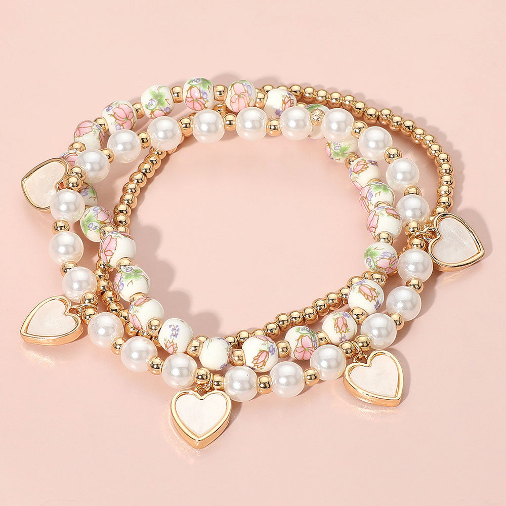 iLLASPARKZ 3PCS - Mother of Pearl Heart Charm Floral Ceramic Ball Pearl Beaded Stretch Multi Layered Bracelets