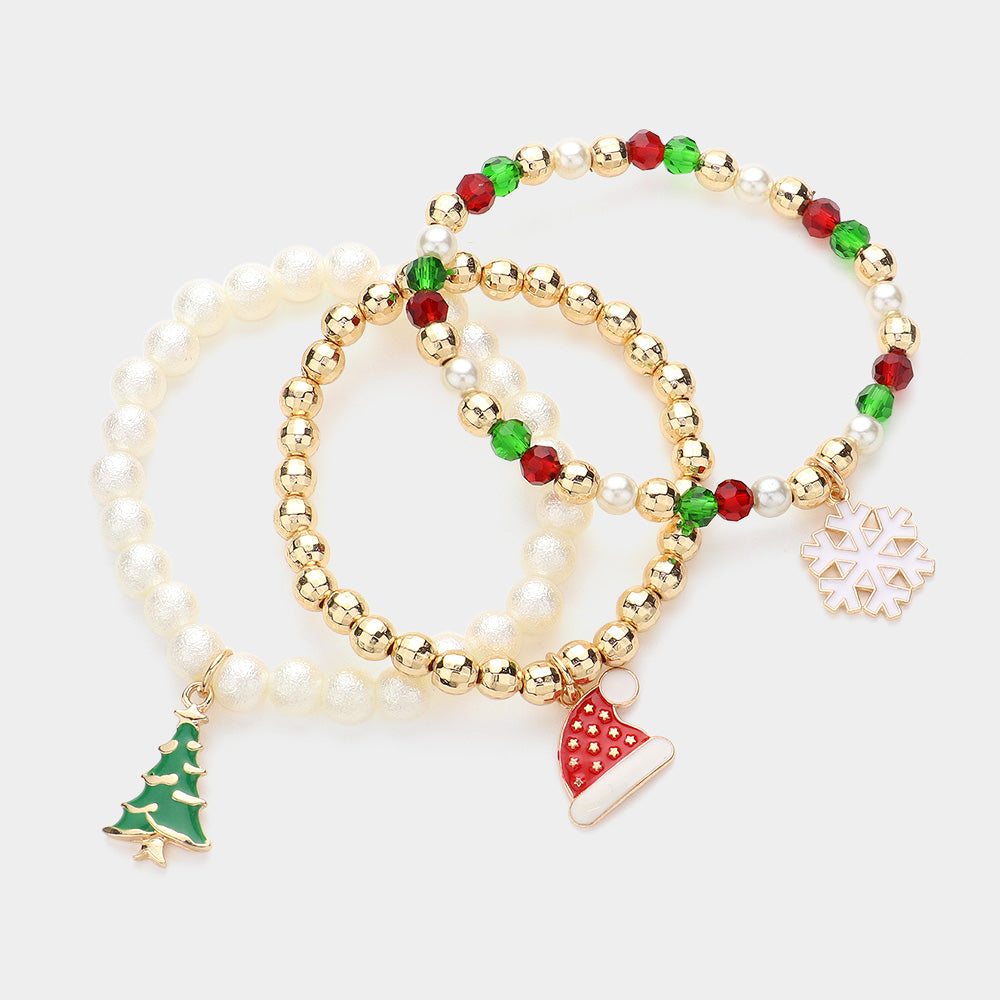 iLLASPARKZ 3PCS - Enamel Christmas Charm Pointed Beaded Stretch Multi Layered Bracelets