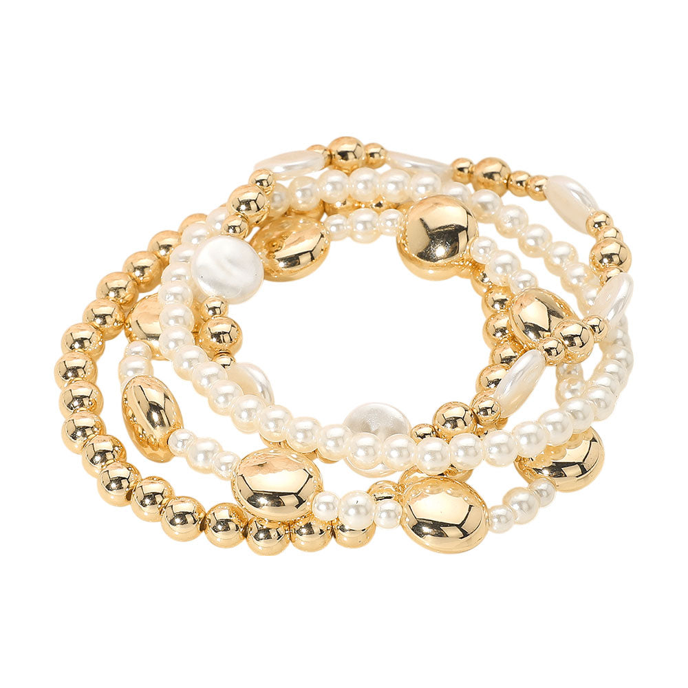 iLLASPARKZ 4PCS - Pearl Disc Metal Ball Beaded Stretch Multi Layered Bracelets