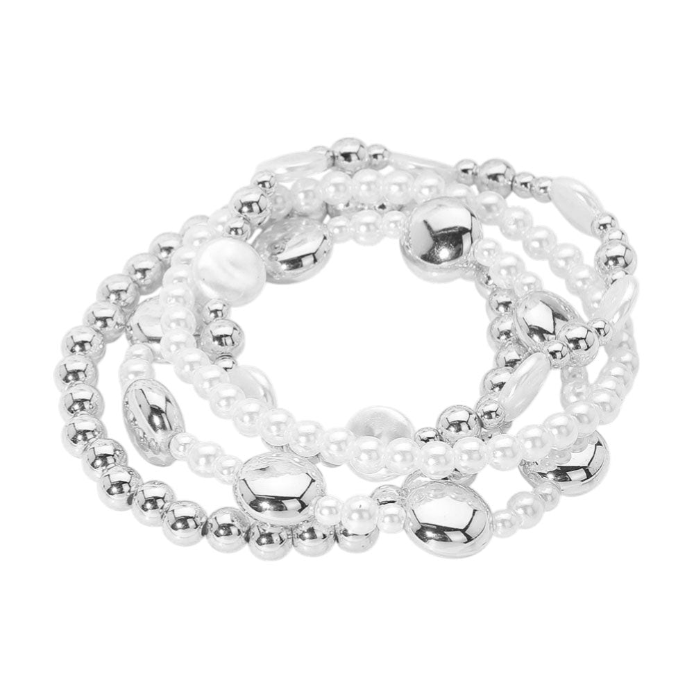 iLLASPARKZ 4PCS - Pearl Disc Metal Ball Beaded Stretch Multi Layered Bracelets