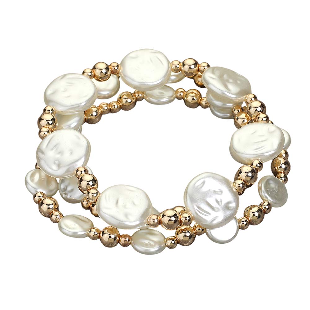 iLLASPARKZ 3PCS - Pearl Metal Ball Beaded Stretch Multi Layered Bracelets