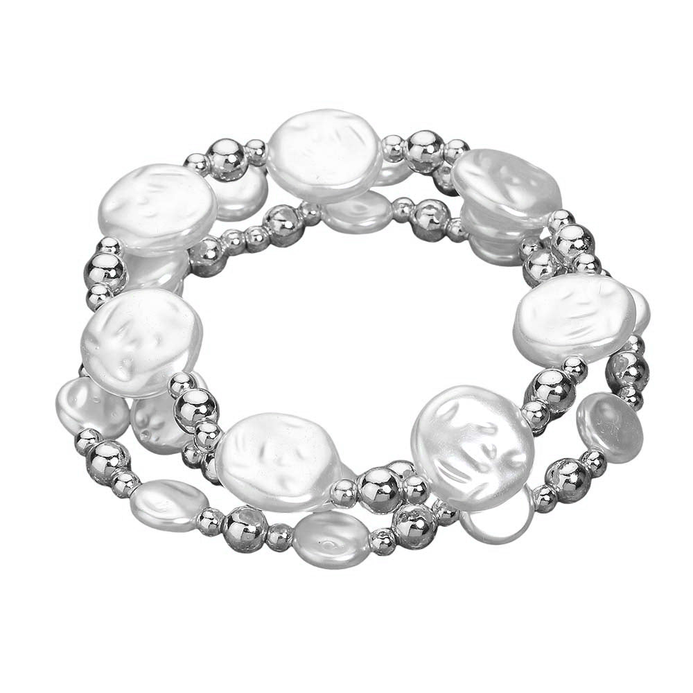 iLLASPARKZ 3PCS - Pearl Metal Ball Beaded Stretch Multi Layered Bracelets