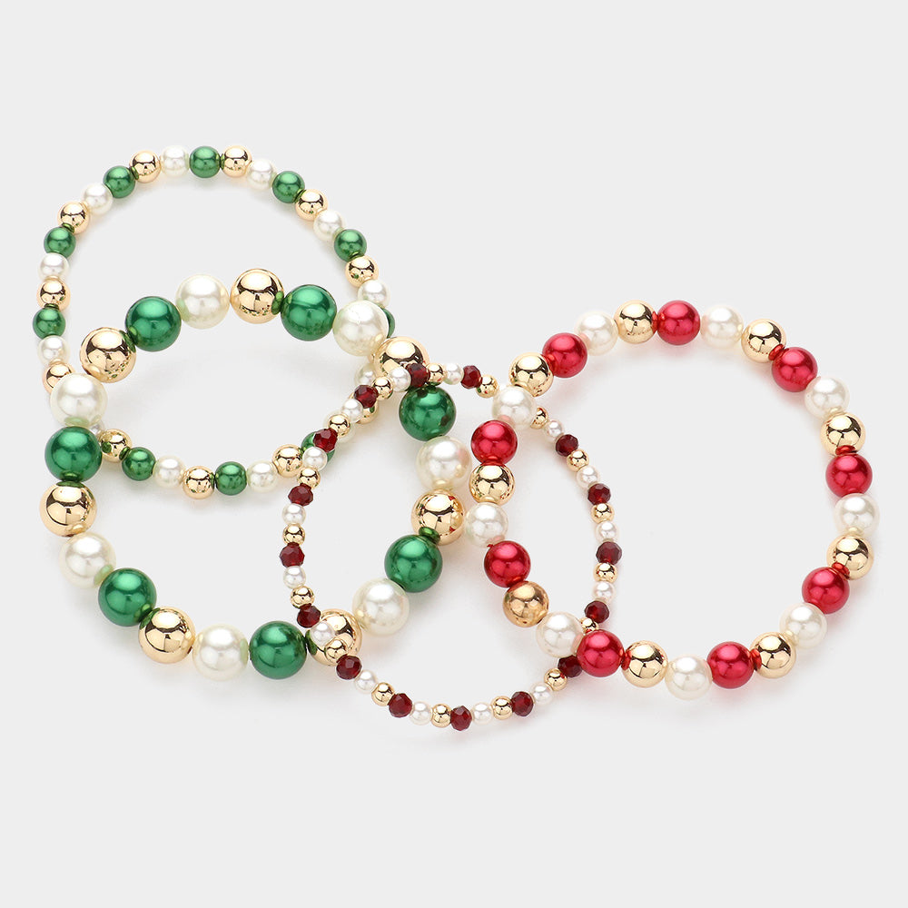 iLLASPARKZ 4PCS - Pearl Metal Beaded Stretch Multi Layered Bracelets