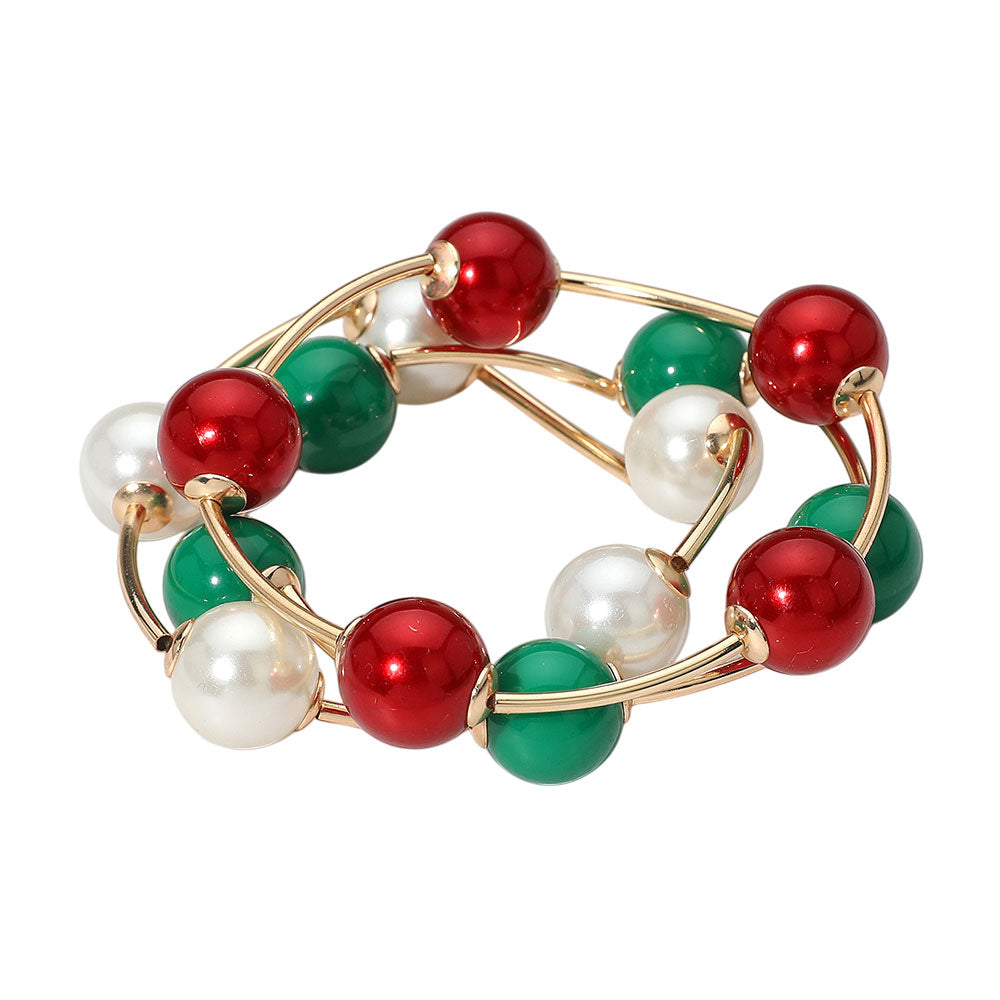 iLLASPARKZ Bold Christmas Theme Ball Metal Bar Beaded Stretch Multi Layered Bracelets