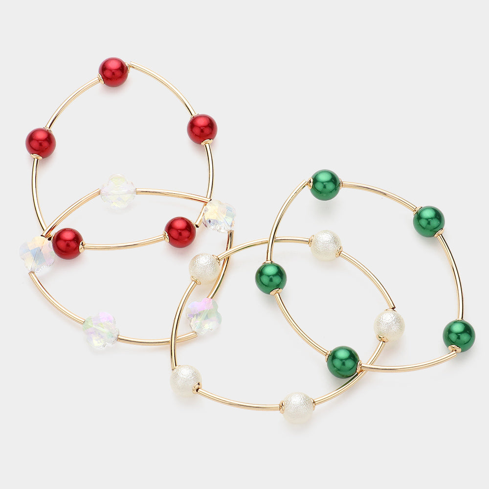 iLLASPARKZ 3PCS - Lucite Quatrefoil Christmas Ball Pointed Stretch Multi Layered Bracelets