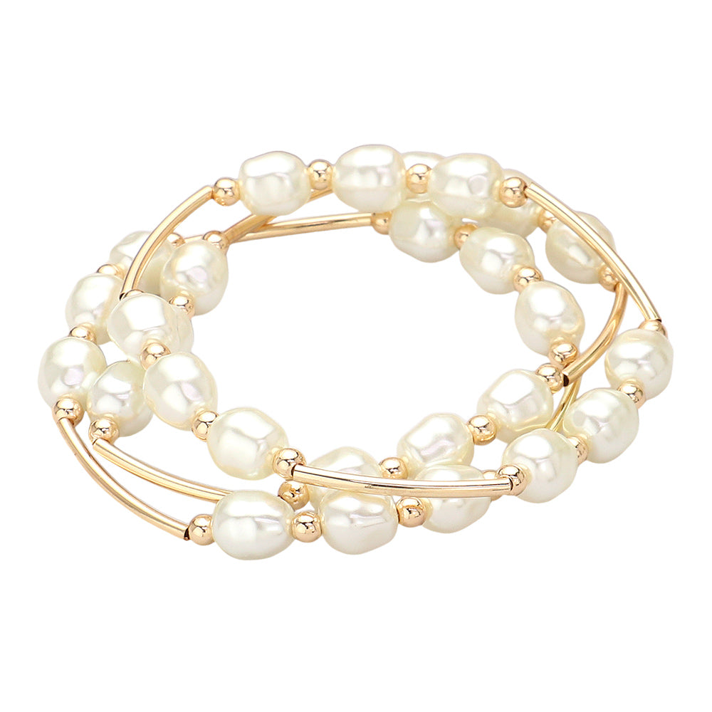 iLLASPARKZ 3PCS - Triple Freshwater Pearl Beaded Station Stretch Multi Layered Bracelets