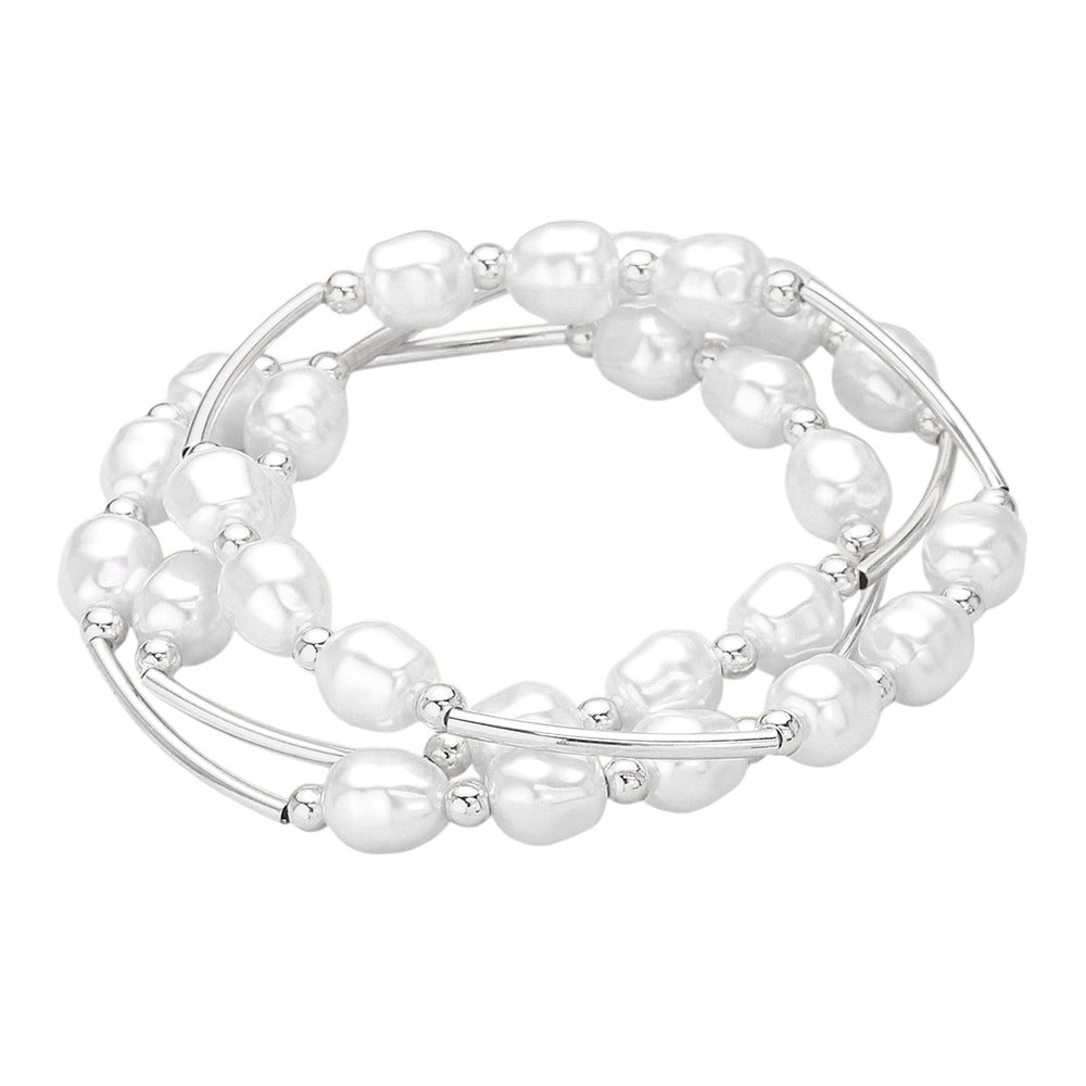 iLLASPARKZ 3PCS - Triple Freshwater Pearl Beaded Station Stretch Multi Layered Bracelets