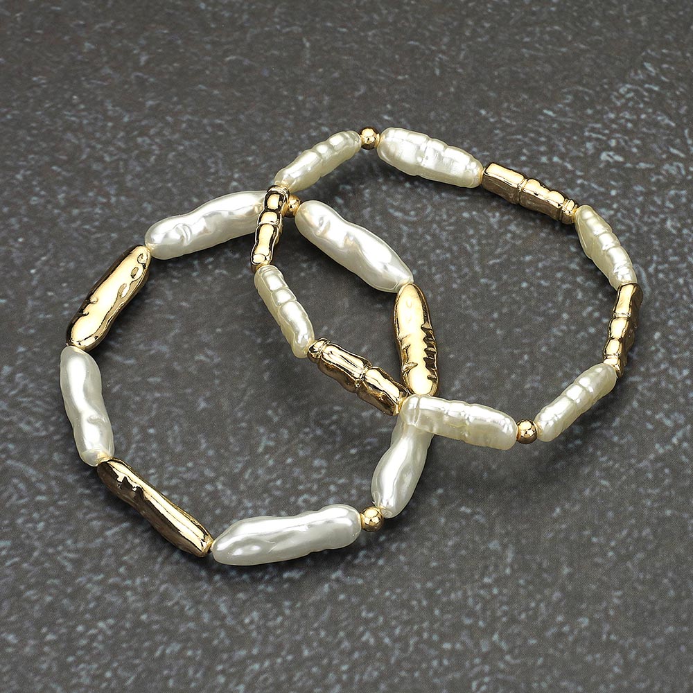 iLLASPARKZ 2PCS - Pearl Textured Metal Beaded Stretch Multi Layered Bracelets