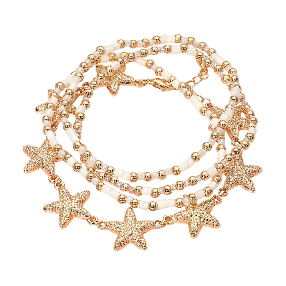 iLLASPARKZ 4PCS - Textured Metal Starfish Pearl Beaded Multi Layered Bracelets