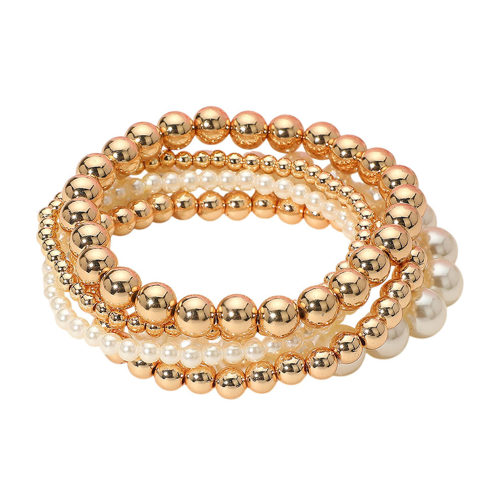 iLLASPARKZ 5PCS - Pearl Metal Ball Beaded Stretch Multi Layered Bracelets