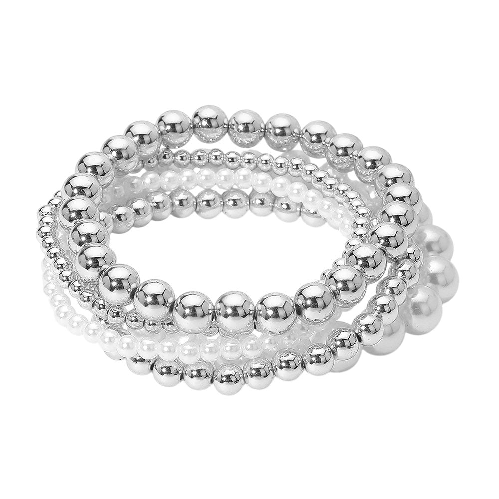 iLLASPARKZ 5PCS - Pearl Metal Ball Beaded Stretch Multi Layered Bracelets