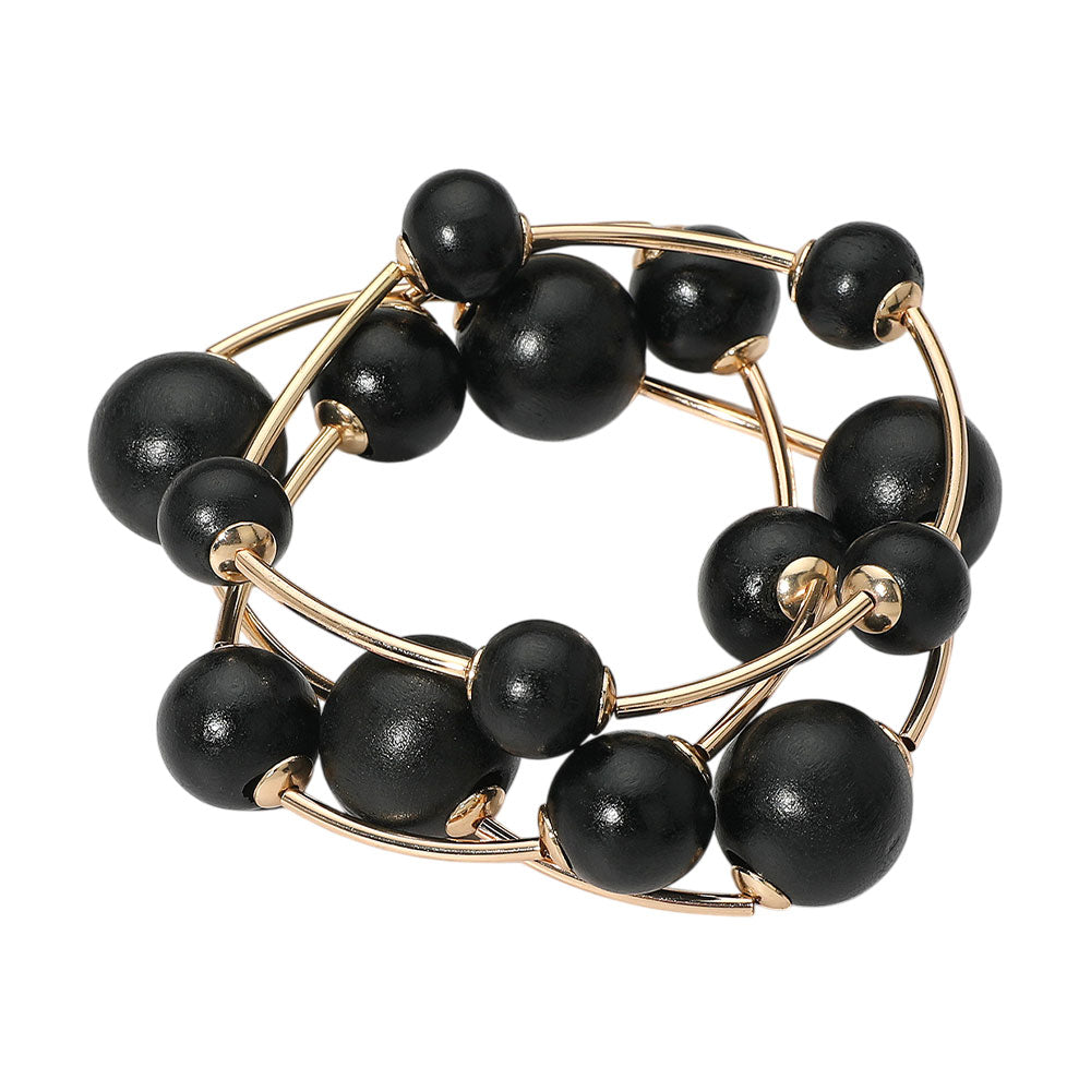 iLLASPARKZ Chunky Wood Ball Metal Bar Beaded Stretch Multi Layered Bracelets
